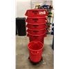 Image 1 : 5 RED RUBBERMAID BRUTE GARBAGE CANS & SMALL RED GARBAGE CAN ON MOBILE DOLLY