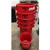 Image 2 : 5 RED RUBBERMAID BRUTE GARBAGE CANS & SMALL RED GARBAGE CAN ON MOBILE DOLLY