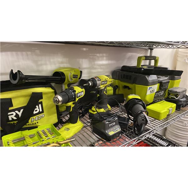 SHELF OF ASSORTED RYOBI TOOLS- DRILLS, GRINDER, PUMP, VACUUM, CHARGERS & MORE