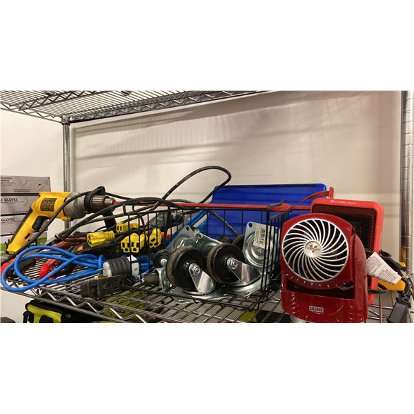 SHELF OF ASSORTED ITEMS- DEWALT DRILL, CASTORS, SMALL HEATERS, BOLT CUTTERS & MORE