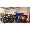 Image 1 : SHELF OF ASSORTED ITEMS- DEWALT DRILL, CASTORS, SMALL HEATERS, BOLT CUTTERS & MORE