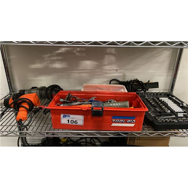 SHELF OF ASSORTED TOOLS, HEAT GUN, PORTER CABLE DRILL, SOCKET SET & MORE