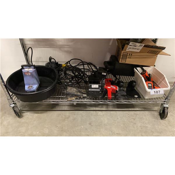 SHELF OF ASSORTED PUMPS, WALKIE TALKIES, TAG GUN, EYE WASH STATION & MORE