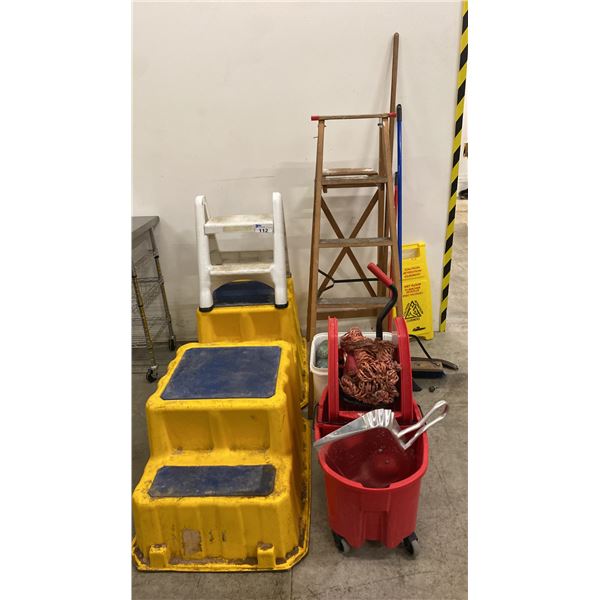 2 LARGE YELLOW EQUIPMENT STAIRS, FOLDING STEP STOOL, WOODEN ALLRIGHT 5' LADDER, SPILL CONTAINMENT