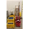 Image 1 : 2 LARGE YELLOW EQUIPMENT STAIRS, FOLDING STEP STOOL, WOODEN ALLRIGHT 5' LADDER, SPILL CONTAINMENT