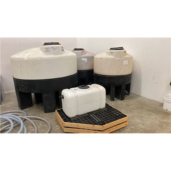 4 LARGE COMMERCIAL PLASTIC LIQUID STORAGE CONTAINERS ON STANDS WITH RELEASE VALVES APPROX SIZES-