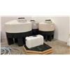 Image 1 : 4 LARGE COMMERCIAL PLASTIC LIQUID STORAGE CONTAINERS ON STANDS WITH RELEASE VALVES APPROX SIZES-