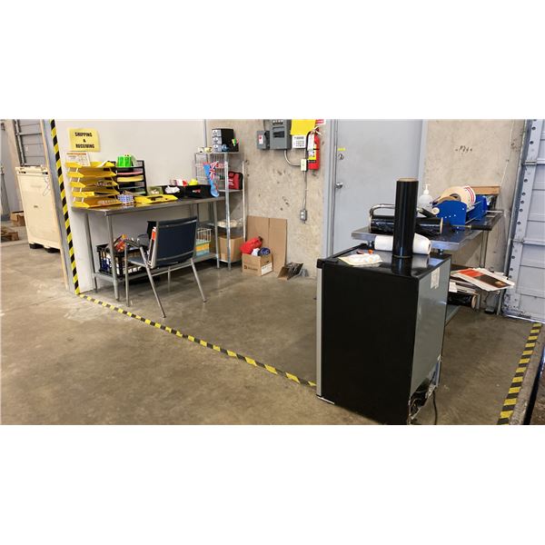 SHIPPING AND RECEIVING STATION WITH CONTENTS- TABLES, PACKAGING TAPE, LABELS, PACKAGING ITEMS & MORE
