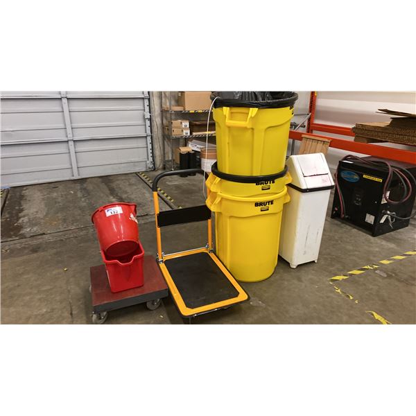 3 RUBBERMAID BRUTE GARBAGE CANS, 2 CARTS, METAL GARBAGE CAN & 2 BUCKETS