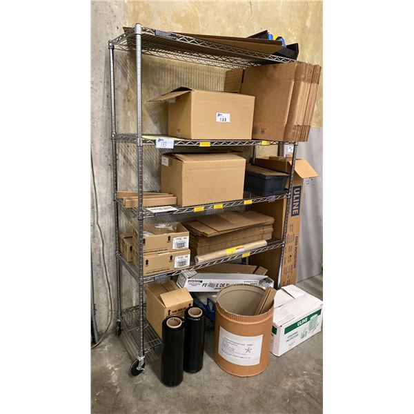 5 TIER MOBILE RACK WITH ASSORTED SHIPPING ITEMS- BOXES, EDGE PROTECTORS, SHRINK WRAP & 2 TABLES