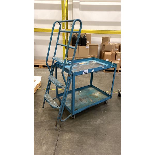 BLUE METAL 2 TIER MOBILE CART WITH LADDER