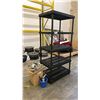 Image 1 : 5 TIER BLACK PLASTIC SHELVING UNIT WITH BOX OF ASSORTED ELECTRICAL ITEMS