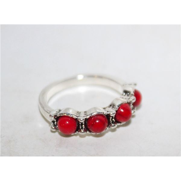 13) SILVER TONE WITH 4 ROUND RED TURQUOISE