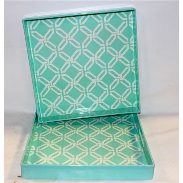 PAIR OF 14" SQUARE TEAL PATTERN GLOSSY