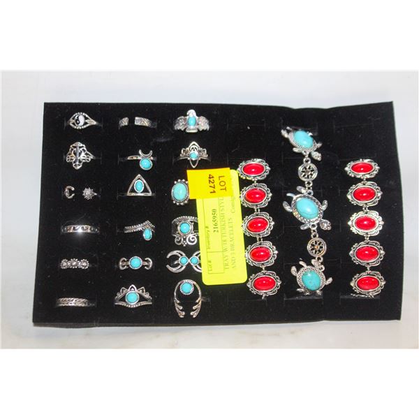 TRAY W/18 TURKISH STYLE  RINGS AND 3 BRACELETS