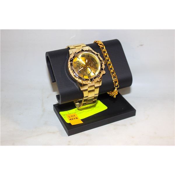 NEW 2PCS MENS WATCH, AND CUBAN LINK CHAIN