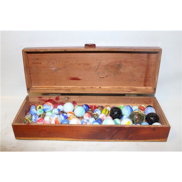 VINTAGE MARBLES IN VINTAGE CEDAR WOOD BOX-ESTATE