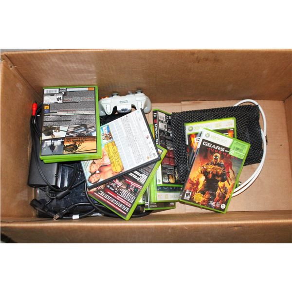 XBOX 360 AND 2 REMOTES, 10 GAMES AND POWER CORDS