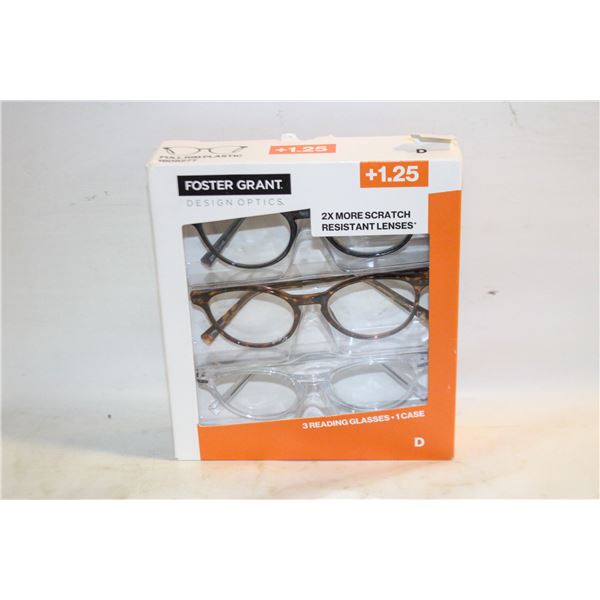 FOSTER GRANT 3 READING GLASSES, 1 CASE, +1.25