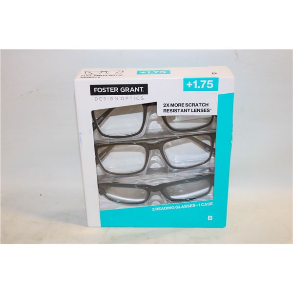 FOSTER GRANT 3 READING GLASSES, 1 CASE, +1.75