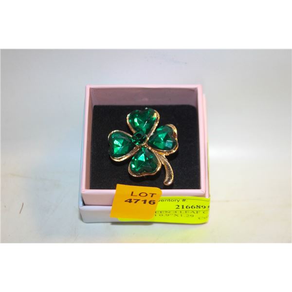 NEW GREEN 4 LEAF CLOVER BROOCH 0.9”X1.29