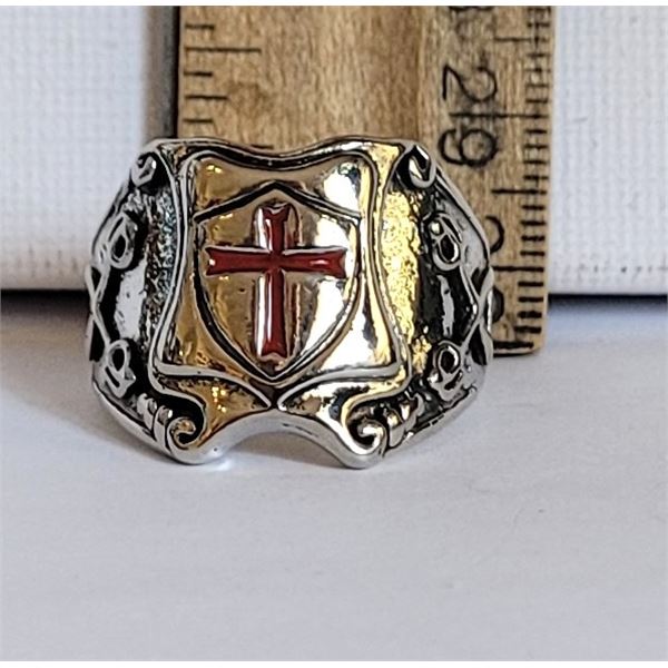 11) SILVER TONE WITH A RED CROSS SIZE 10