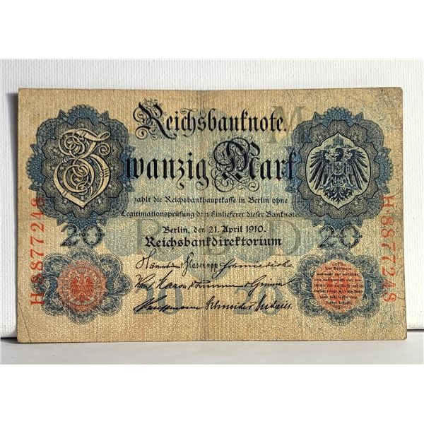 27)  FROM 1910, GERMAN 20 MARK BANKNOTE.