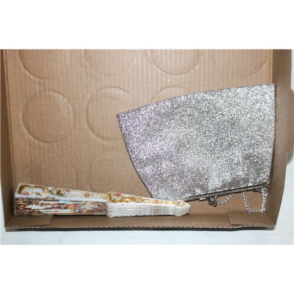 VINTAGE SILVER GLITTER CLUTCH PURSE W/HAND FAN