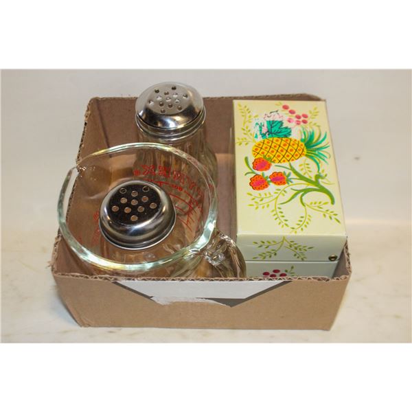 VINTAGE RECIPE TIN & SPRINKLE JARS/MEASURING CUP