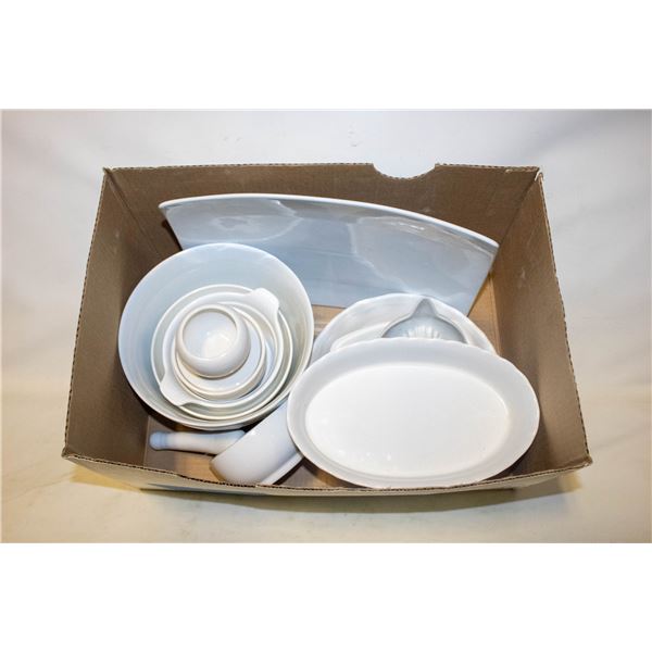 WHITE STONEWARE SERVING DISHES ASSORTED