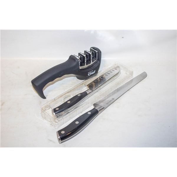 MASTERCHEF KITCHEN KNIVES & SHARPENER BOX LOT