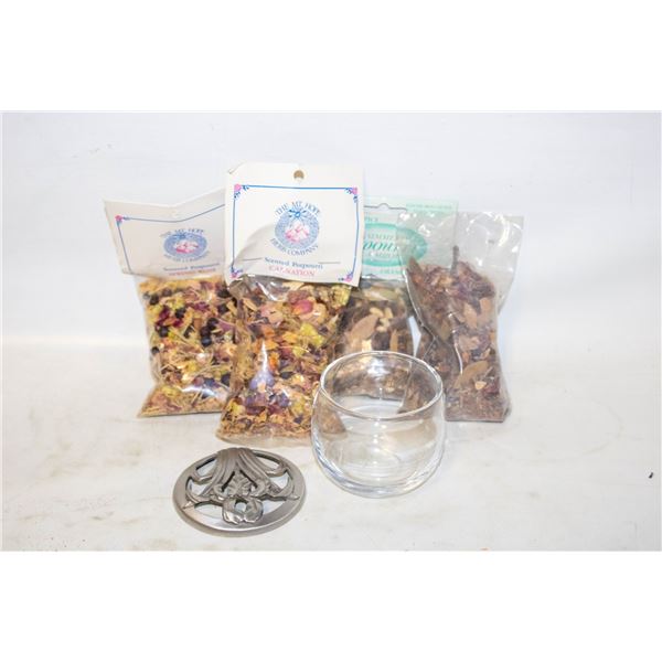 VINTAGE SEAGULL PEWTER DISH W/POTPOURRI BAGS