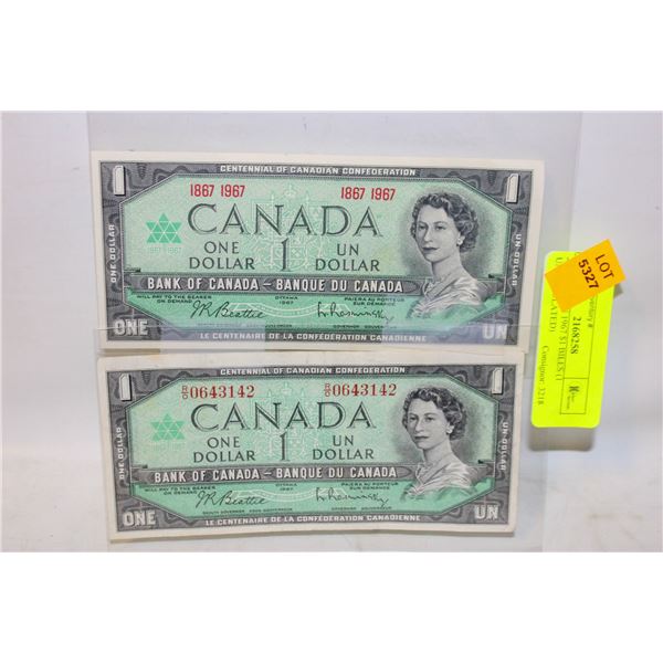 2 CANADIAN 1967 $1 BILLS (1 UNCIRCULATED)