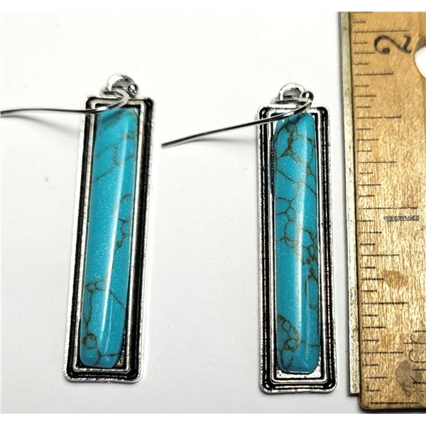 14)  SILVER TONE ELONGATED FAUX TURQUOISE