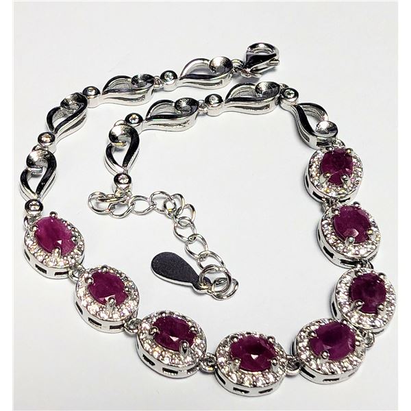 SILVER OVAL CUT NATURAL RUBIES BRACELET 7-8.5"