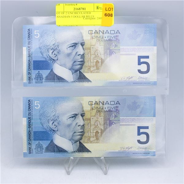 LOT OF 2 UNCIRCULATED CANADIAN 5 DOLLAR BILLS