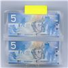 Image 2 : LOT OF 2 UNCIRCULATED CANADIAN 5 DOLLAR BILLS