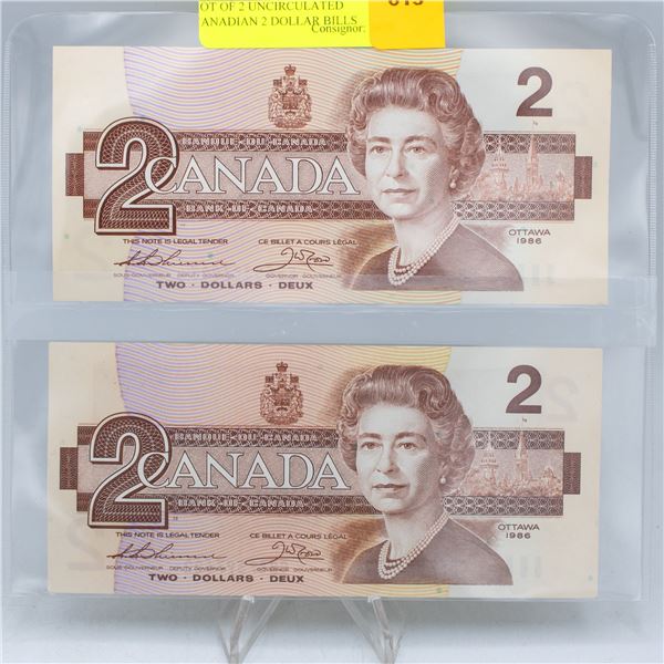 LOT OF 2 UNCIRCULATED CANADIAN 2 DOLLAR BILLS 1986
