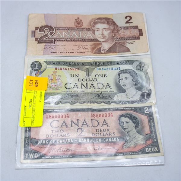 $2 CANADA BILLS 1954+1986, $1 BILL -1973
