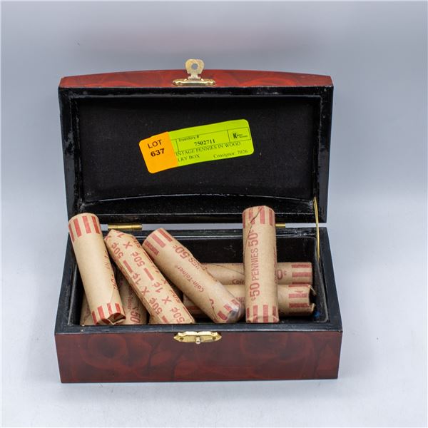 500 VINTAGE PENNIES IN WOOD JEWELRY BOX