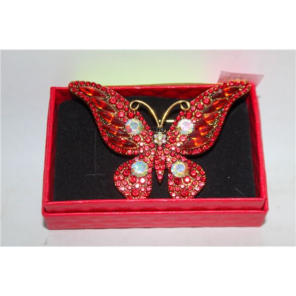 NEW RED RHINESTONE BUTTERFLY BROOCH