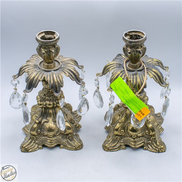 2 VINTAGE CRYSTAL CAMPOTE BRASS CANDLE HOLDERS