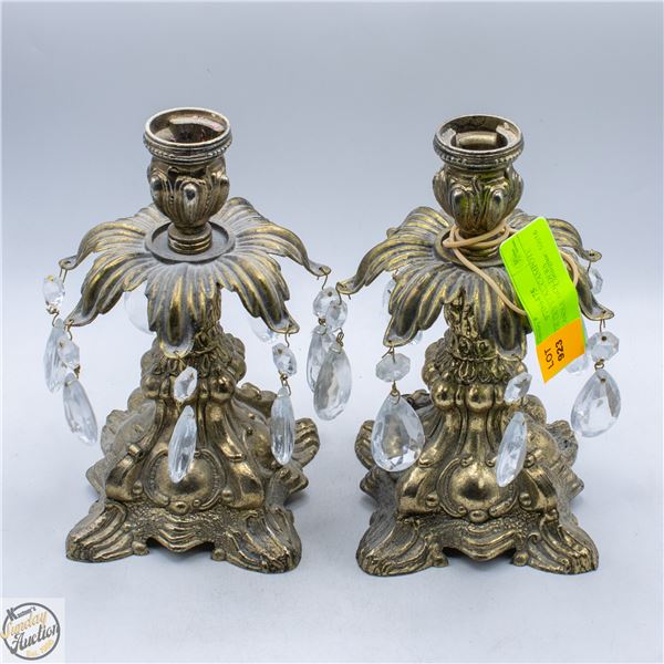2 VINTAGE CRYSTAL CAMPOTE BRASS CANDLE HOLDERS