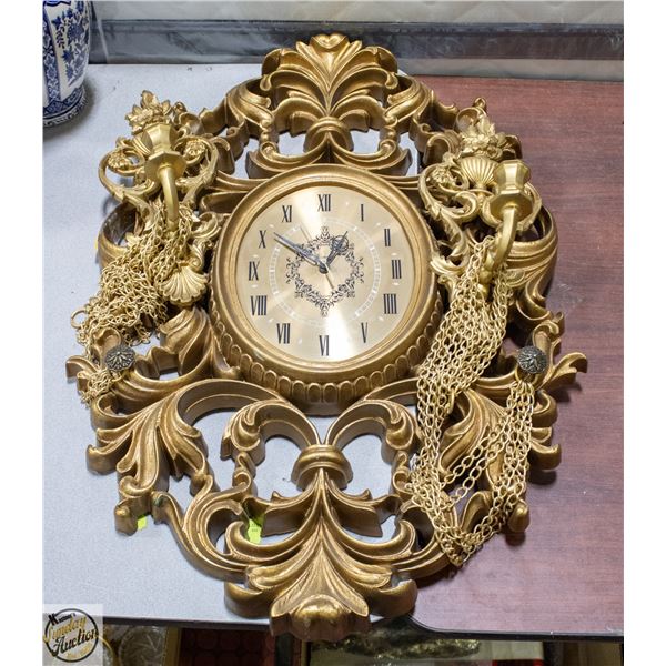 VINTAGE GOLD GILTED ORNATE CLOCK WITH CHAINED