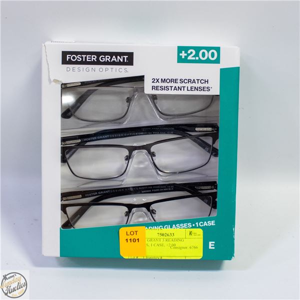 FOSTER GRANT 3 READING GLASSES, 1 CASE, +2.00