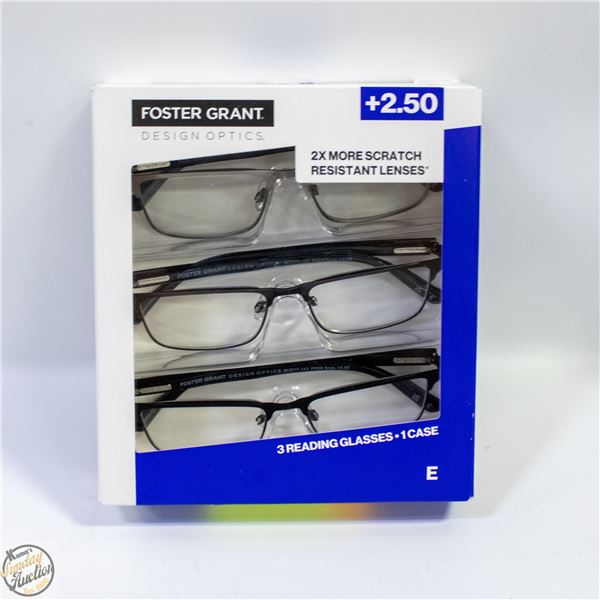 FOSTER GRANT 3 READING GLASSES, 1 CASE, +2.50