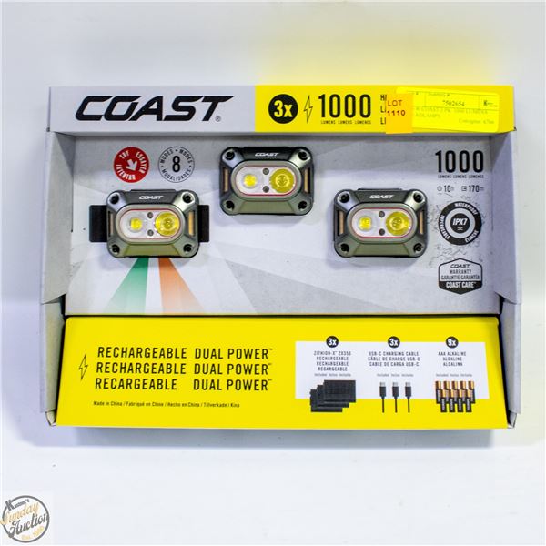NEW COAST 3 PK 1000 LUMENS HEADLAMPS