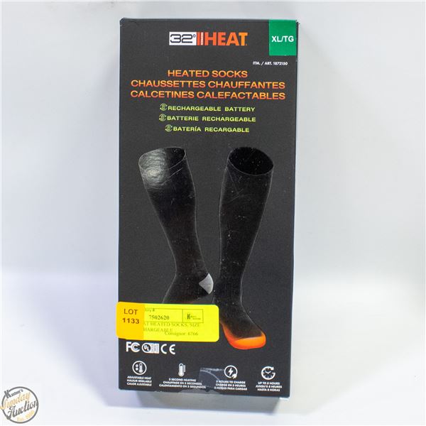 NEW 32 HEAT HEATED SOCKS, SIZE XL, W/ RECHARGEABLE