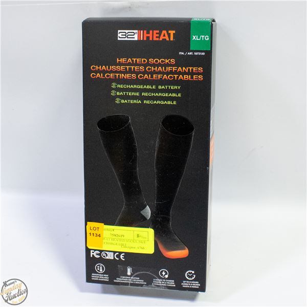 NEW 32 HEAT HEATED SOCKS, SIZE XL, W/ RECHARGEABLE