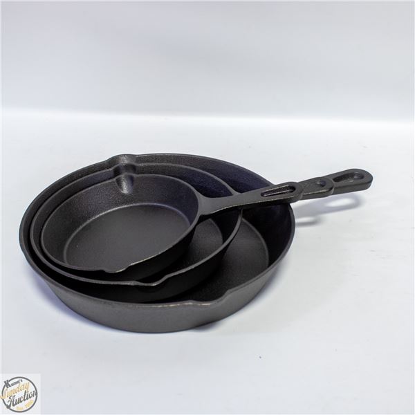 BRAND NEW UNPACKED 3PK CAST IRON PANS